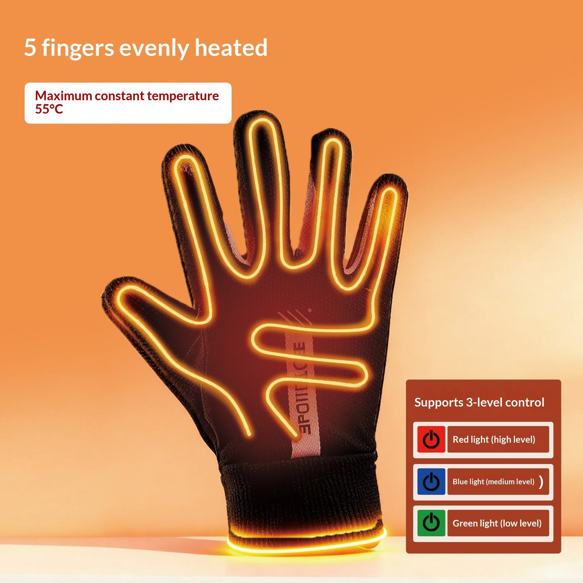 Outdoor waterproof USB heated gloves with three-setting temperature control, black pair shown flat
