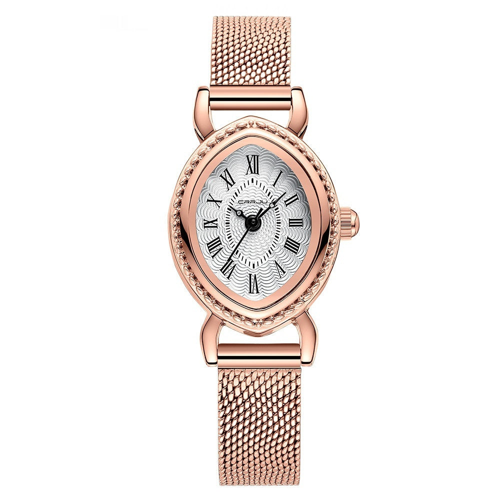Women's Roman numeral waterproof watch with a round dial and adjustable wristband