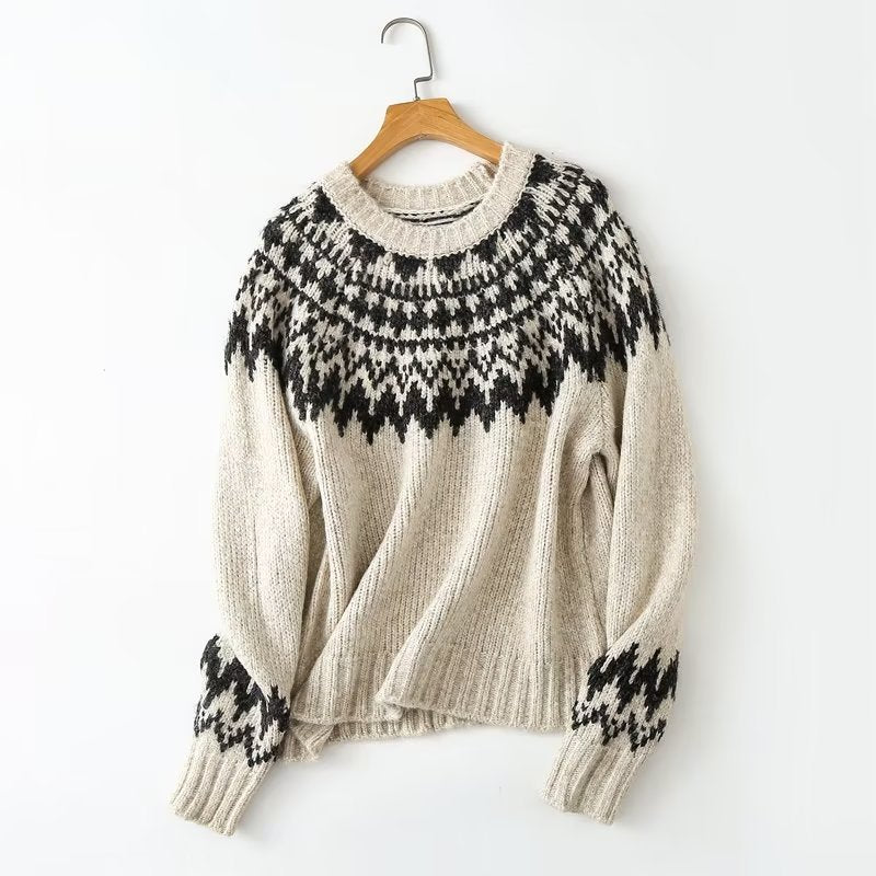 Women's thick-knit printed round neck sweater with long sleeves for autumn and winter