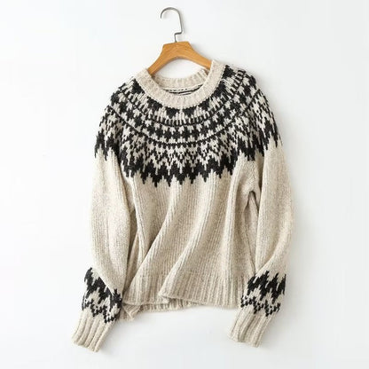 Women's thick-knit printed round neck sweater with long sleeves for autumn and winter
