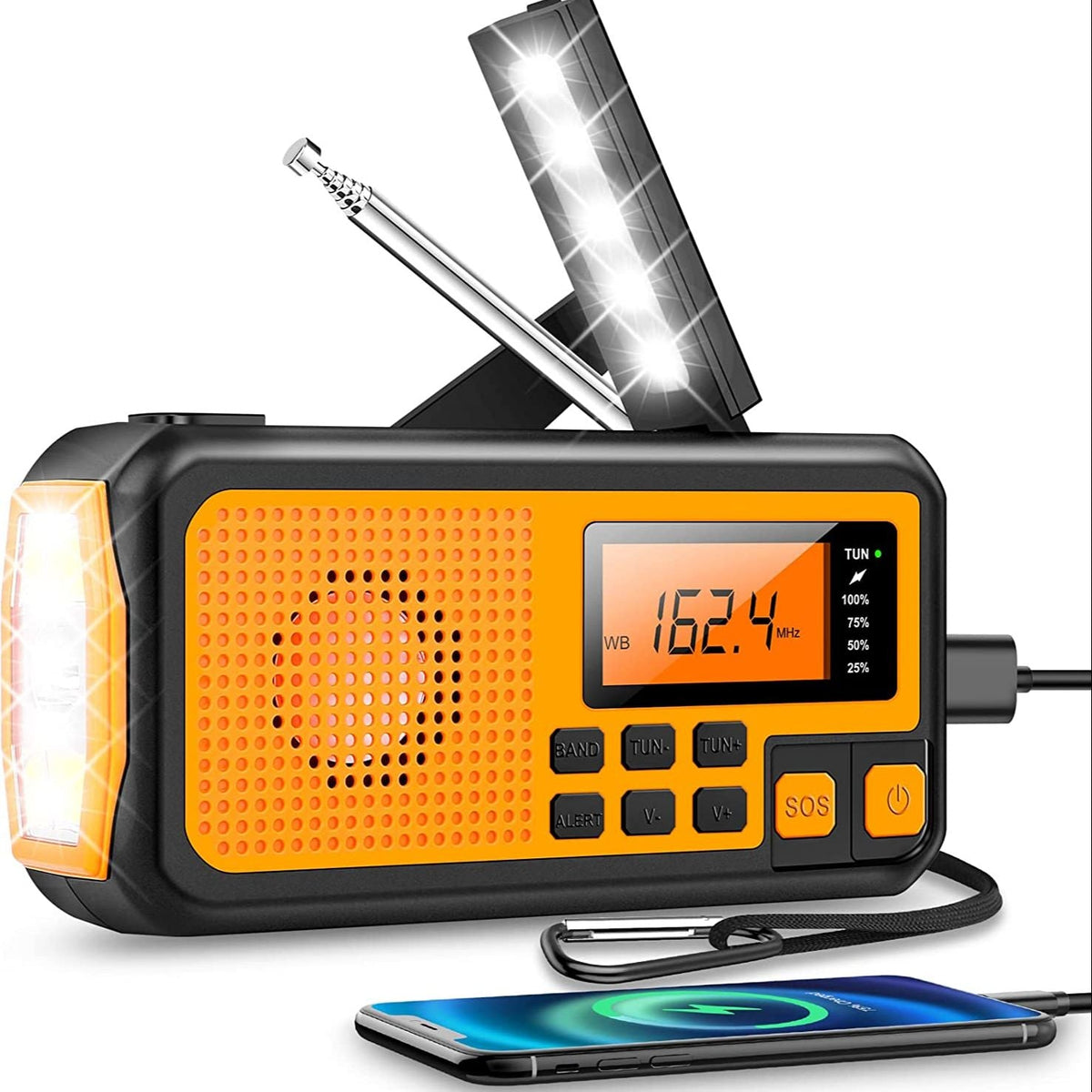 Solar hand-powered emergency multifunctional radio with crank handle and compact portable design