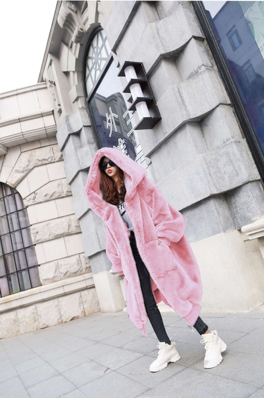 Women's thickened long hooded Rex rabbit fur coat in soft brown fur