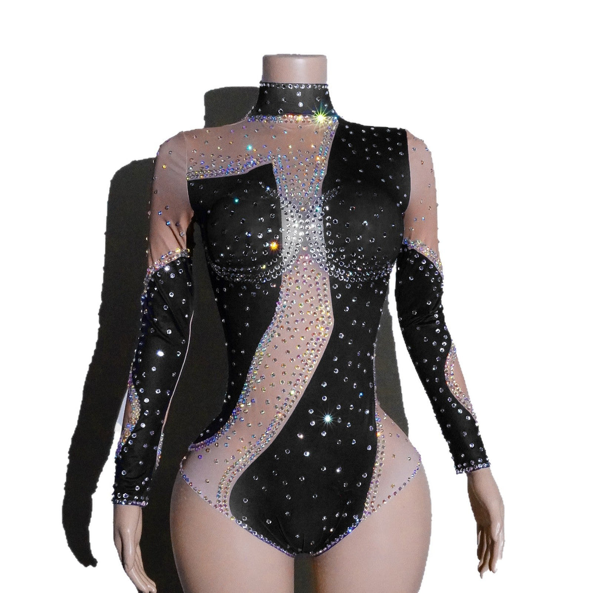 Women's rhinestone mesh patchwork jumpsuit by My Store, featuring sparkling mesh panels and a fitted silhouette
