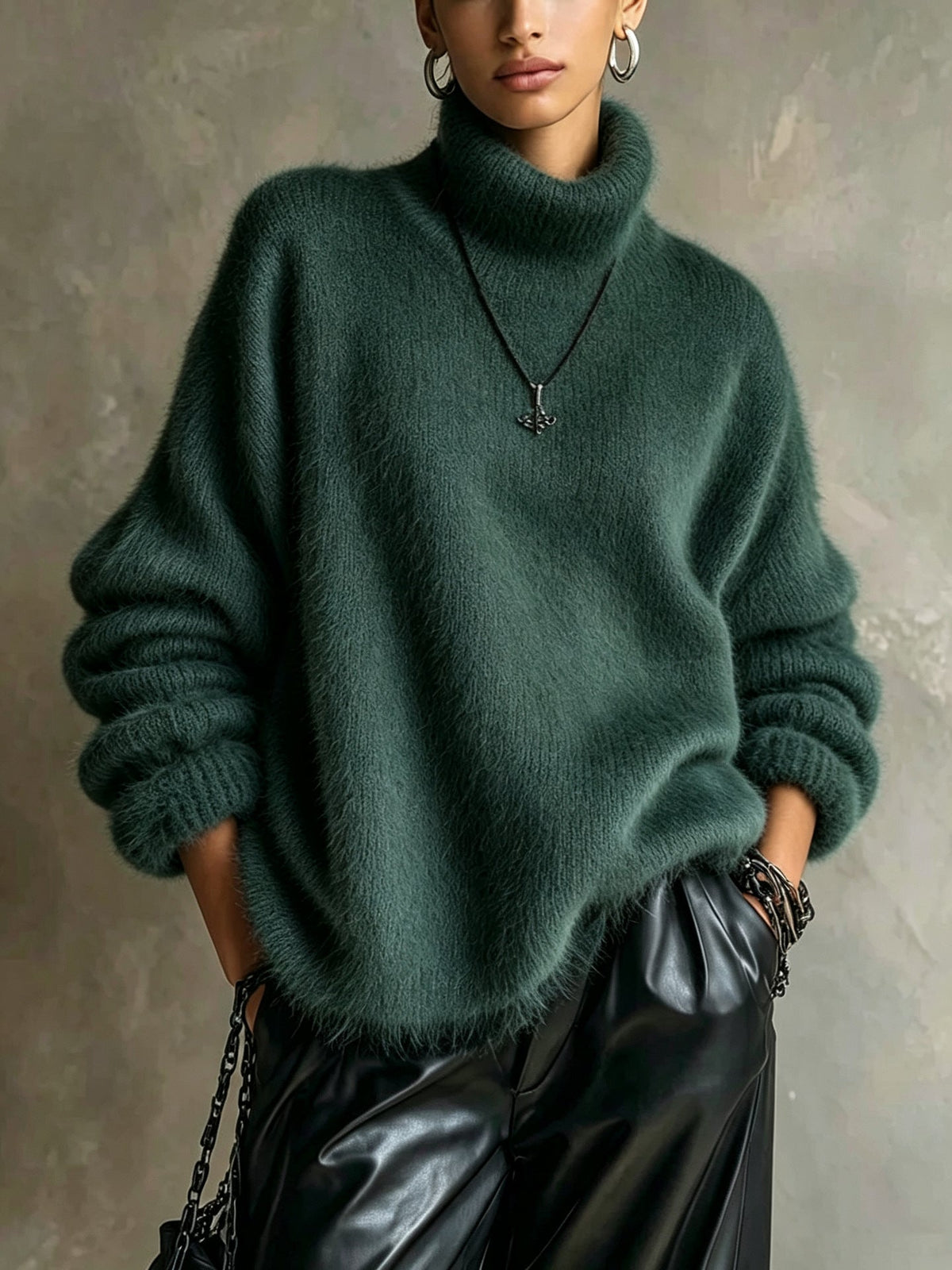 Women's solid-color loose-fitting turtleneck sweater in soft plush knit, front view