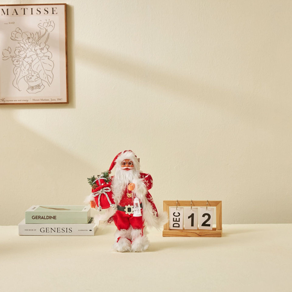 Christmas doll ornaments decorations in festive holiday designs, displayed for tree decorating