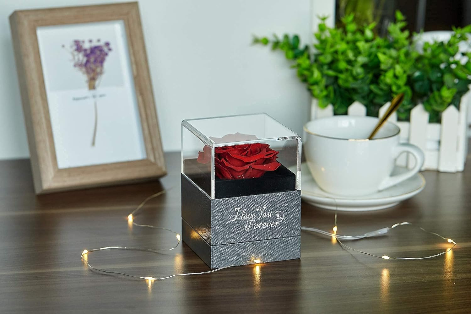 Preserved real red rose with "I Love You" necklace from BACKUPMYFILESNOW.COM® displayed on a white background.
