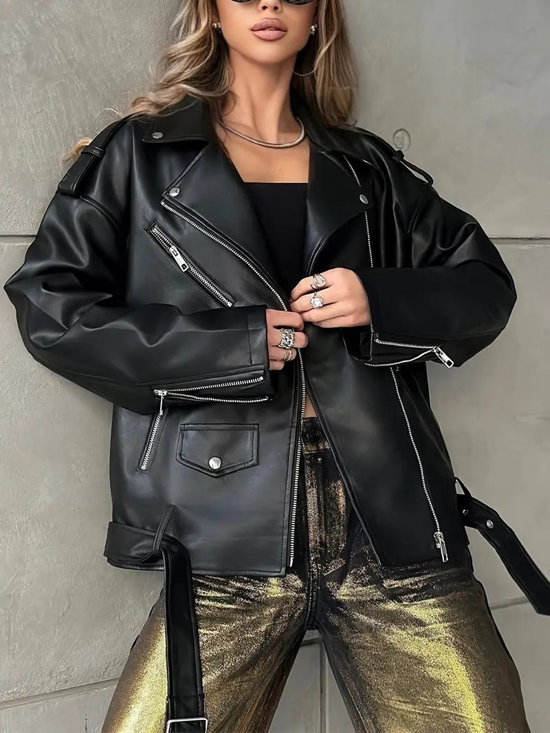 Women's boyfriend-style leather biker jacket in black with zip details
