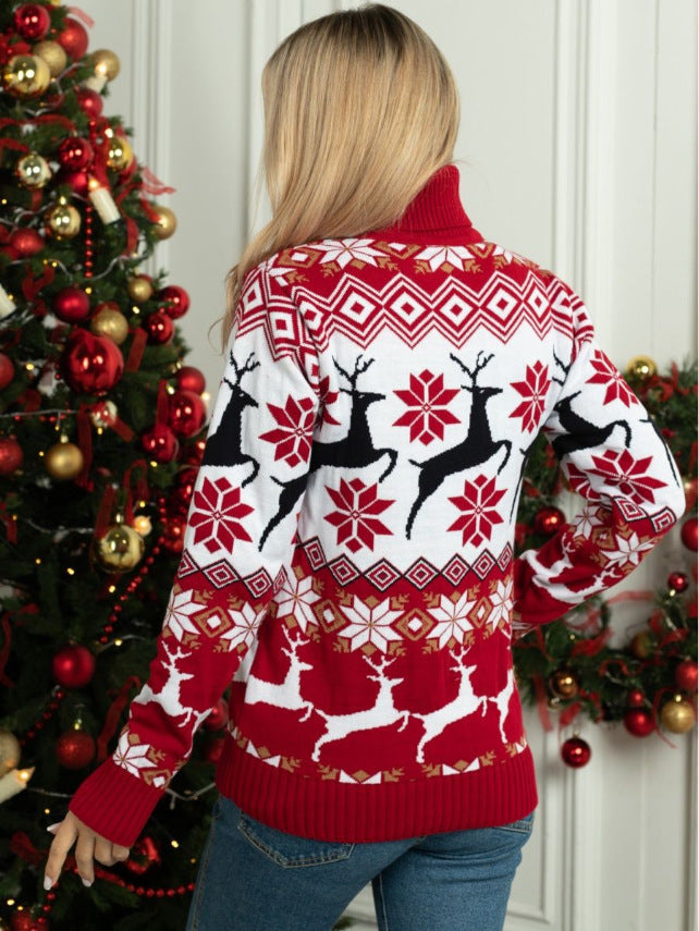 Couple wear Christmas elk jacquard long sleeve turtleneck sweater in red and white knit pattern