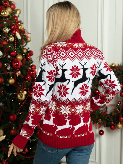 Couple wear Christmas elk jacquard long sleeve turtleneck sweater in red and white knit pattern