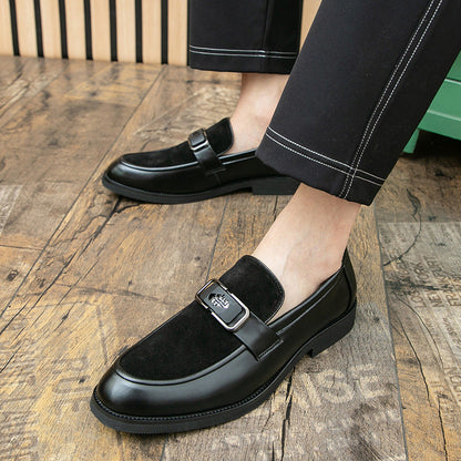 Men's plus-size leather slip-on casual loafers, side view of brown shoes with cushioned soles