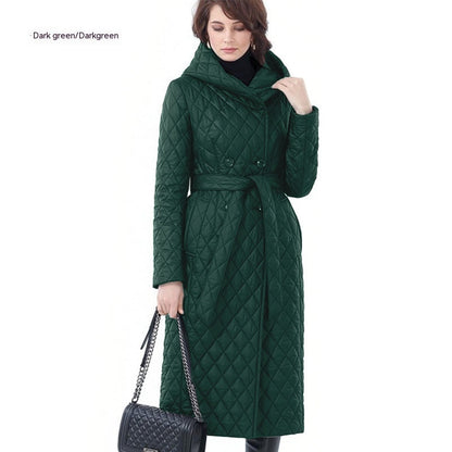 Lightweight hooded padded cotton winter coat in black, front view