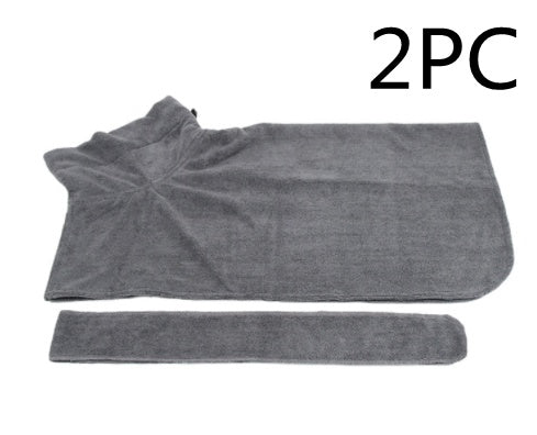 Absorbent microfiber pet bathrobe with waist wrap, shown in soft fabric design
