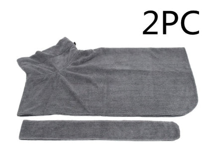 Absorbent microfiber pet bathrobe with waist wrap, shown in soft fabric design