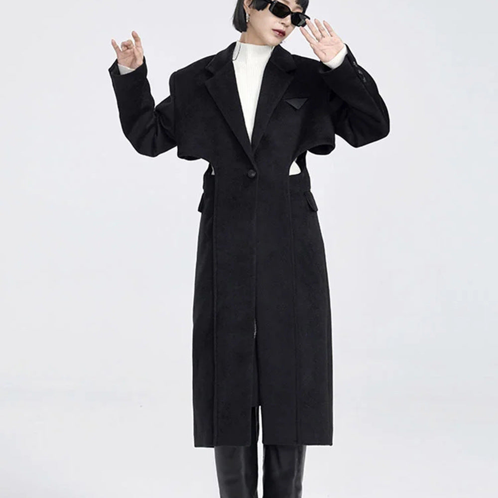 Fake two-piece hollow-out long wool coat in a layered design