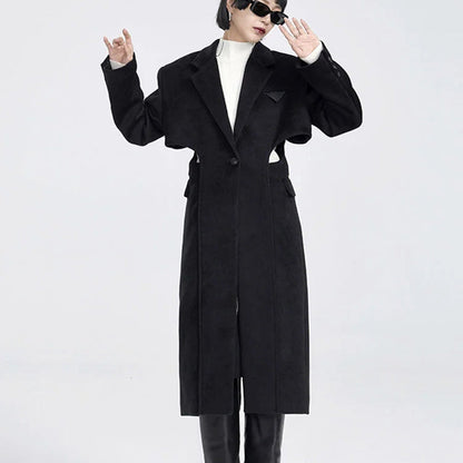 Fake two-piece hollow-out long wool coat in a layered design