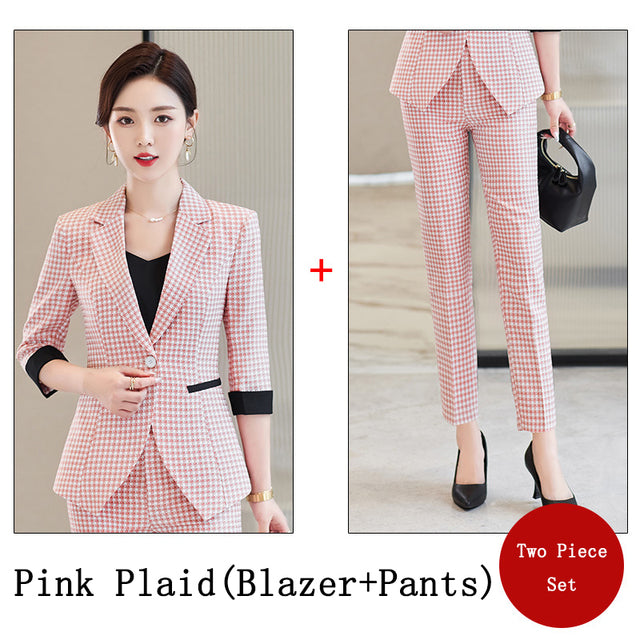 Women's Casual Business Half-Sleeve Plaid Suit