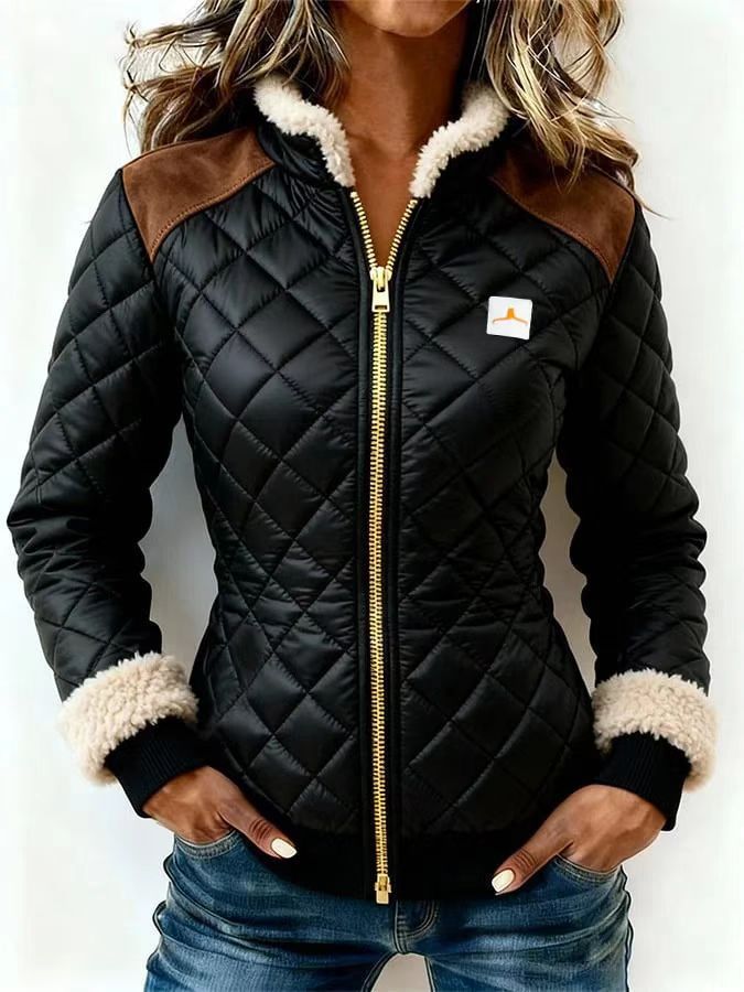 Women's quilted jacket with fur trim and front zipper coat in a warm outerwear design