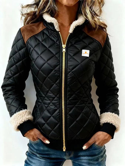 Women's quilted jacket with fur trim and front zipper coat in a warm outerwear design