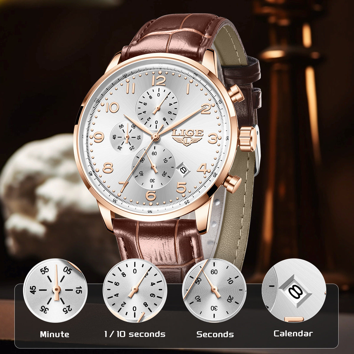 Multifunctional calendar leather belt waterproof men's business mechanical watch with classic dial and leather strap