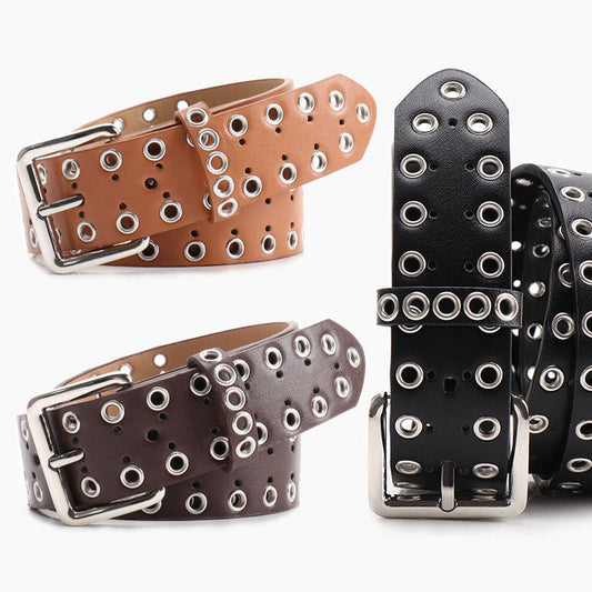 Casual hollow women's denim belt with textured blue fabric and metal buckle.