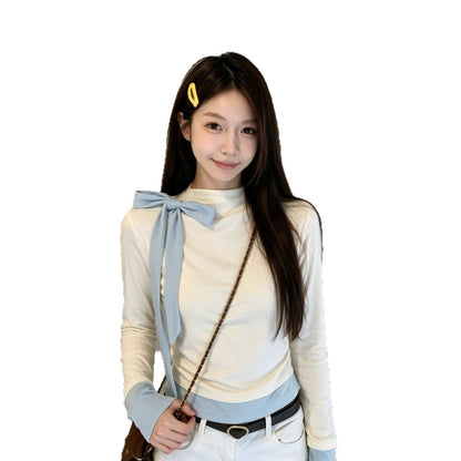 Light blue long-sleeved women's blouse with a bow detail by My Store