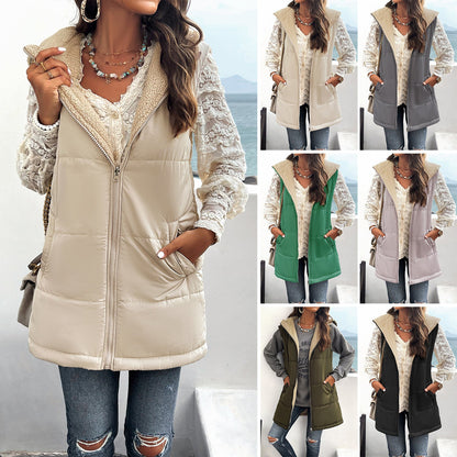 Women's mid-length hooded cotton vest with pockets, warm zipper closure, and fluffy winter design by My Store