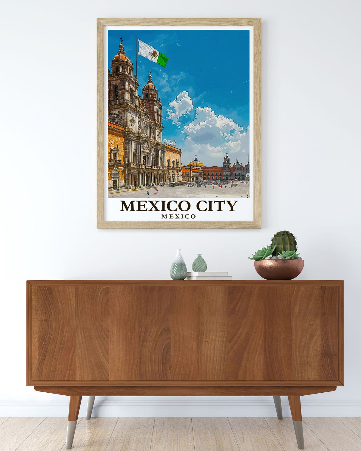 Colorful Mexico City Zocalo poster by MapYourDreams, vibrant street scene artwork for Mexico living room decor.
