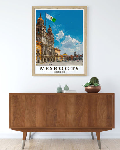 Colorful Mexico City Zocalo poster by MapYourDreams, vibrant street scene artwork for Mexico living room decor.