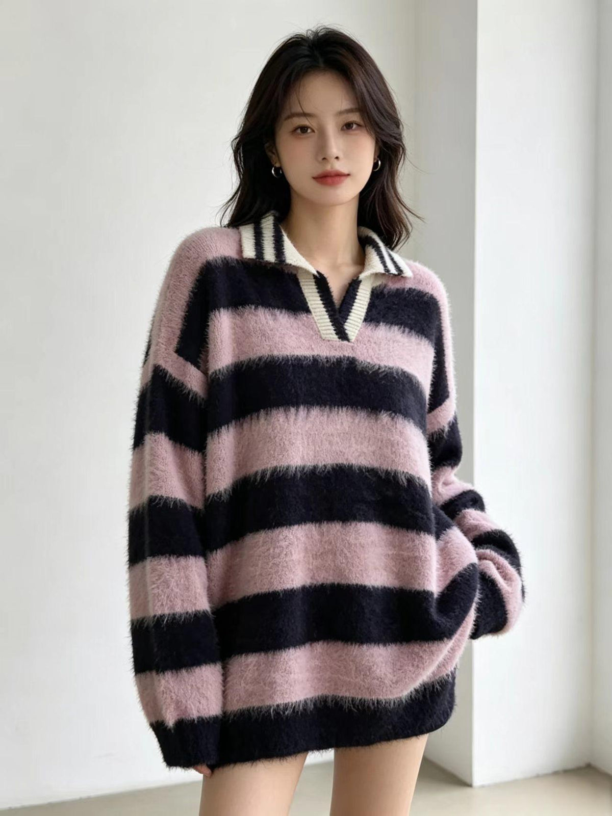 Women's retro color-block striped off-shoulder pullover sweater with lapel collar
