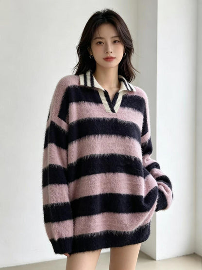 Women's retro color-block striped off-shoulder pullover sweater with lapel collar