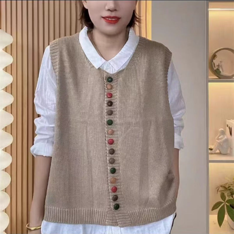Colored button cotton thread knitted vest with multicolor buttons and textured knit design