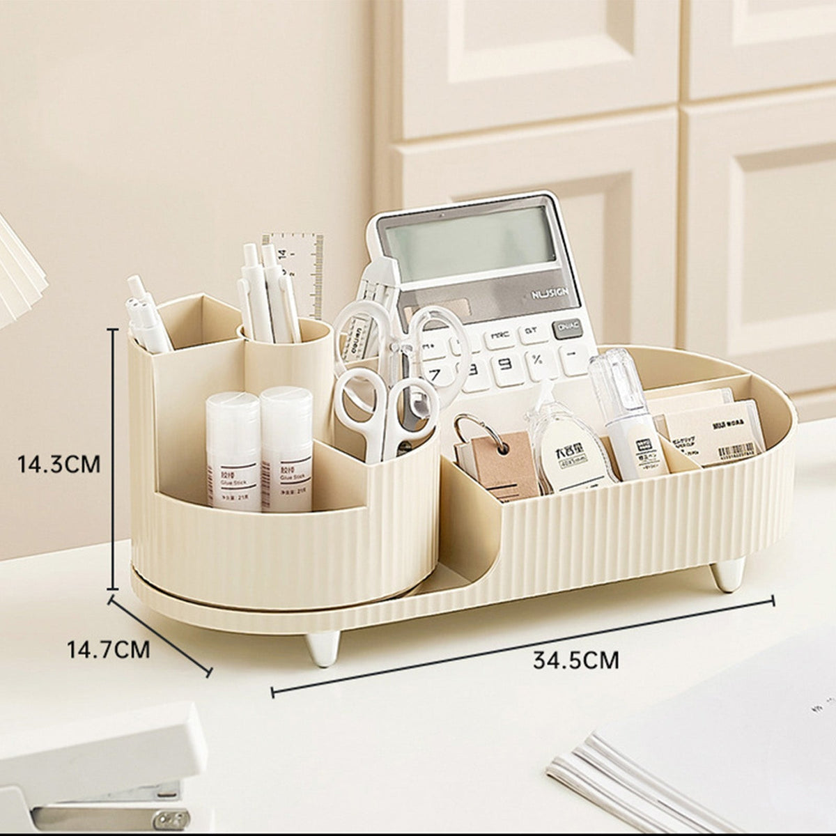 Rotating countertop makeup organizer with large-capacity cosmetic compartments and makeup brush holder for vanity