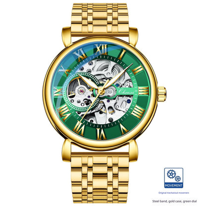 Hollow waterproof luminous automatic mechanical watch with exposed movement and glowing hands