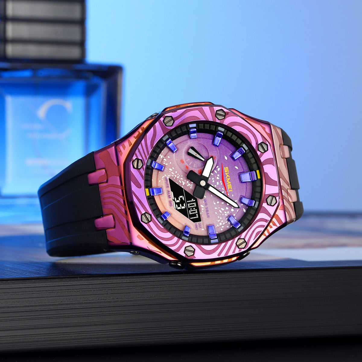 Men's multifunctional waterproof digital watch with black case, digital display, and durable wrist strap