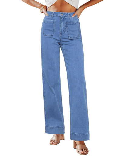 GRAPENT High Rise Patch Pocket Wide Leg Jeans - Medium Blue