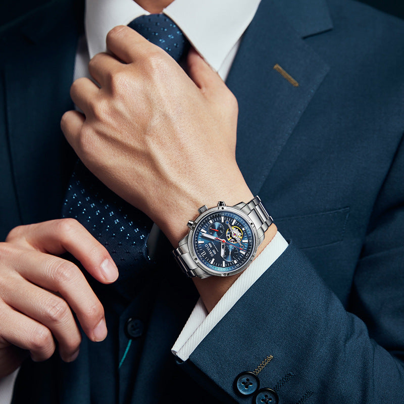 Men's multi-functional hollowed fashion watch with visible mechanical dial and stylish wristband