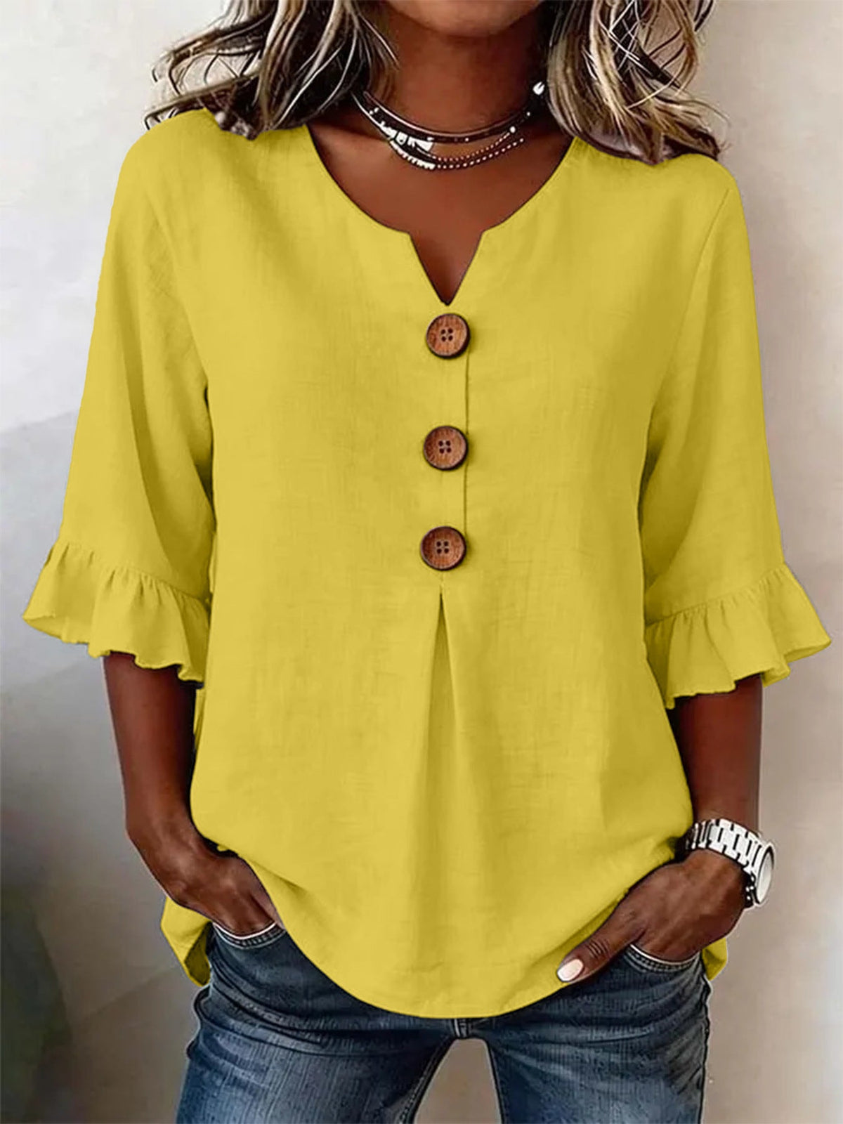 Women's V-neck cotton linen button-up shirt, solid color, short sleeves and button design