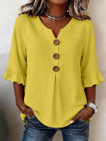 Women's V-neck cotton linen button-up shirt, solid color, short sleeves and button design
