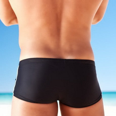 Men's nylon boxer swim trunks in a classic boxer-style fit, shown in product view