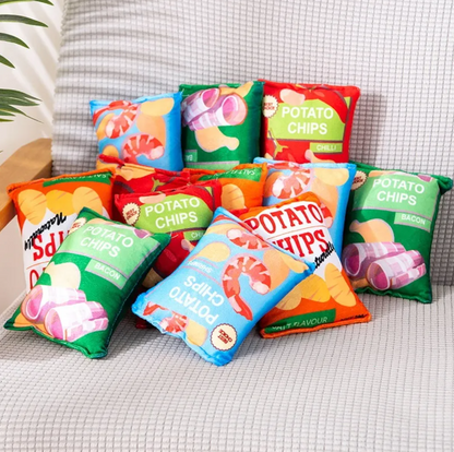Crinkle chip plush pet toy by BACKUPMYFILESNOW® featuring a colorful, textured fabric designed for dogs and cats to play and chew.