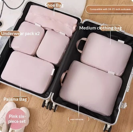 Six-piece compressible travel storage bags and packing cubes for compartmentalized luggage organization