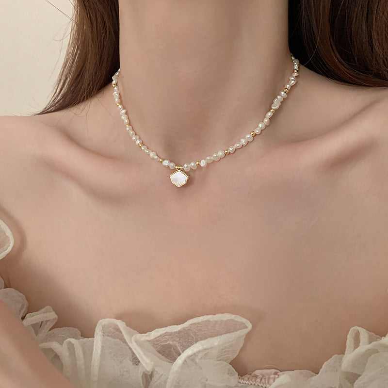 Women's freshwater shell and freshwater pearl necklace bracelet jewelry set, white pearls with shell accents