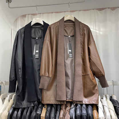 Women's mid-length knitted stitching leather coat in a classic design