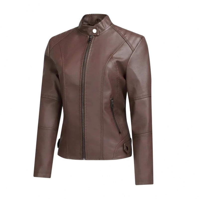 Women's fashionable short washed-leather zip-up jacket in a classic design