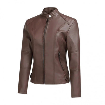 Women's fashionable short washed-leather zip-up jacket in a classic design