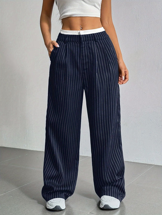 Women’s high-waist draped striped straight-leg suit pants for work and casual wear