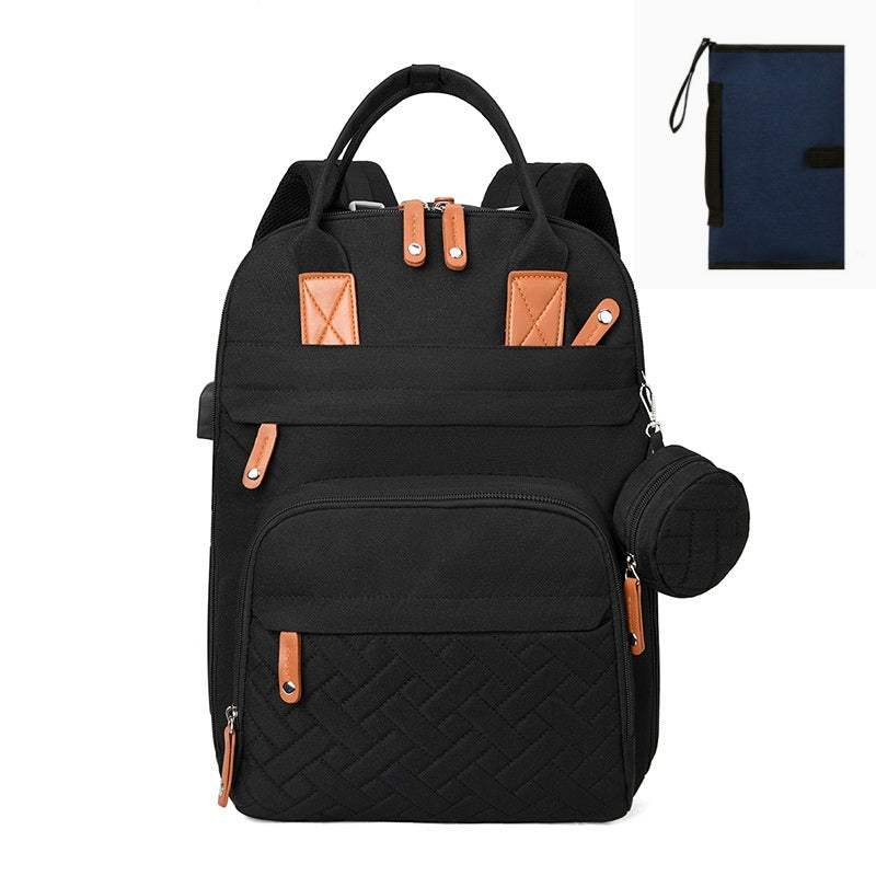 Multi-functional USB-charging stroller bag with separate dry and wet compartments, black exterior with multiple pockets