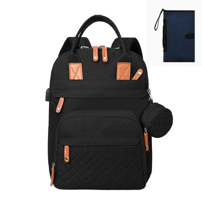 Multi-functional USB-charging stroller bag with separate dry and wet compartments, black exterior with multiple pockets