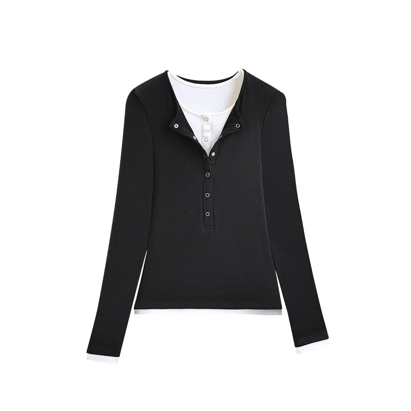 Color-block faux two-piece women’s long-sleeve T-shirt top by My Store
