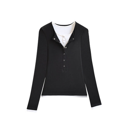 Color-block faux two-piece women’s long-sleeve T-shirt top by My Store